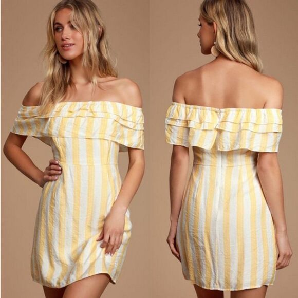 Lulu's Yellow Stripe Off The Shoulder Dress - Picture 2 of 8